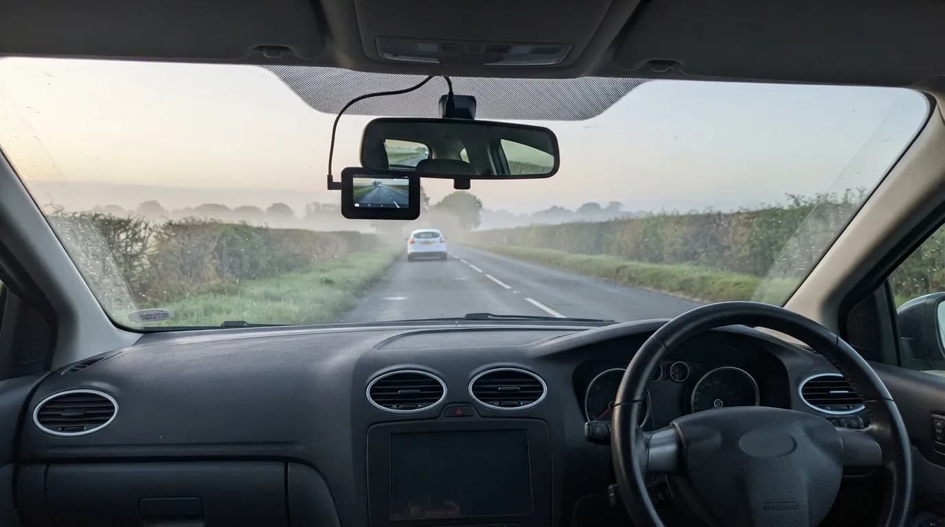A quiet road at dawn through the windscreen, the Halden Duo 4K behind the mirror