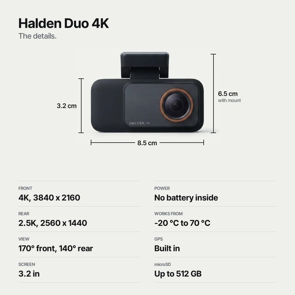 Halden Duo 4K size and specifications: 8.5 cm wide, 3.2-inch screen, works from -20 °C to 70 °C