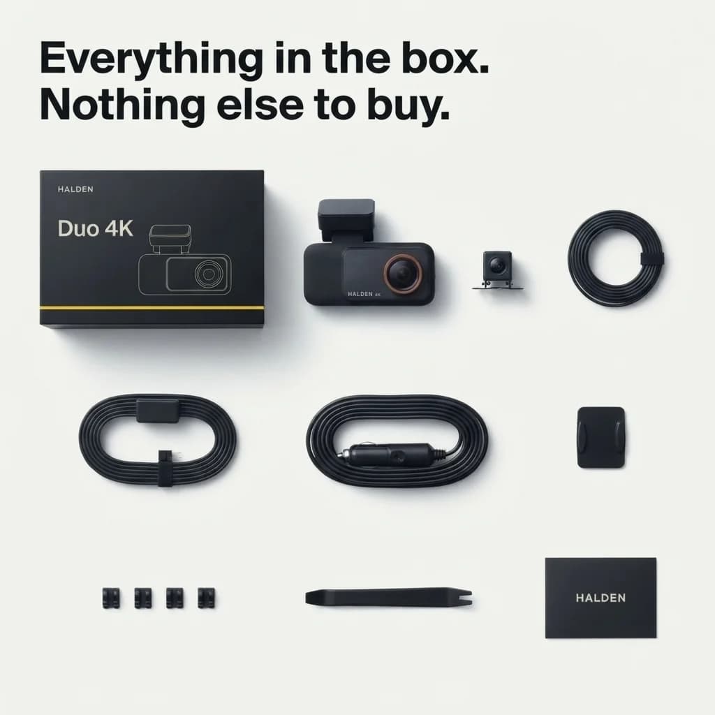 Everything in the Halden box: dash cam, rear camera with cable, hardwire kit, charger cable, mount, clips and trim tool