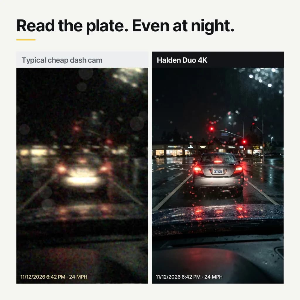 Read the plate, even at night: a typical cheap dash cam gives a blur, the Halden Duo 4K shows every letter