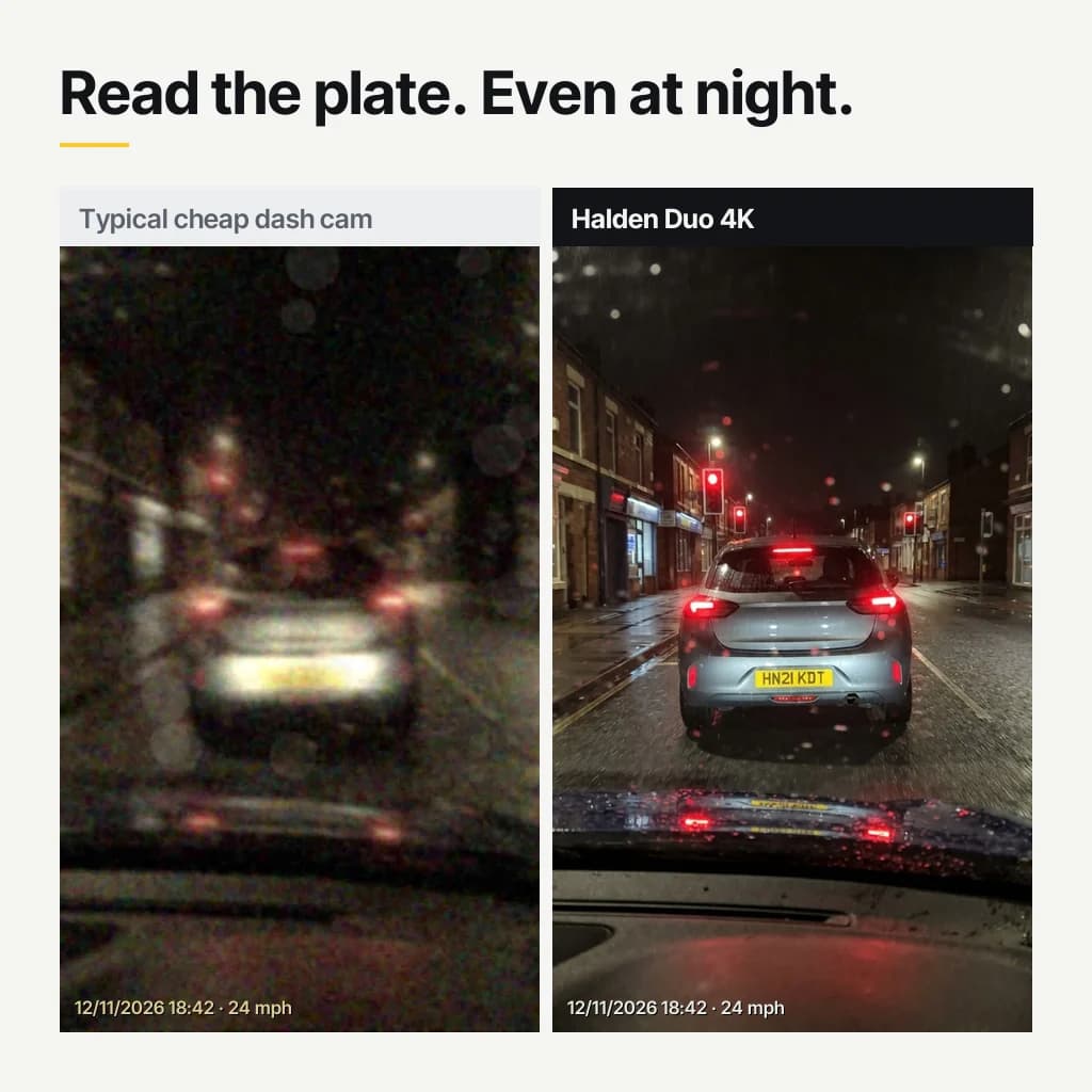 Read the plate, even at night: a typical cheap dash cam gives a blur, the Halden Duo 4K shows every letter