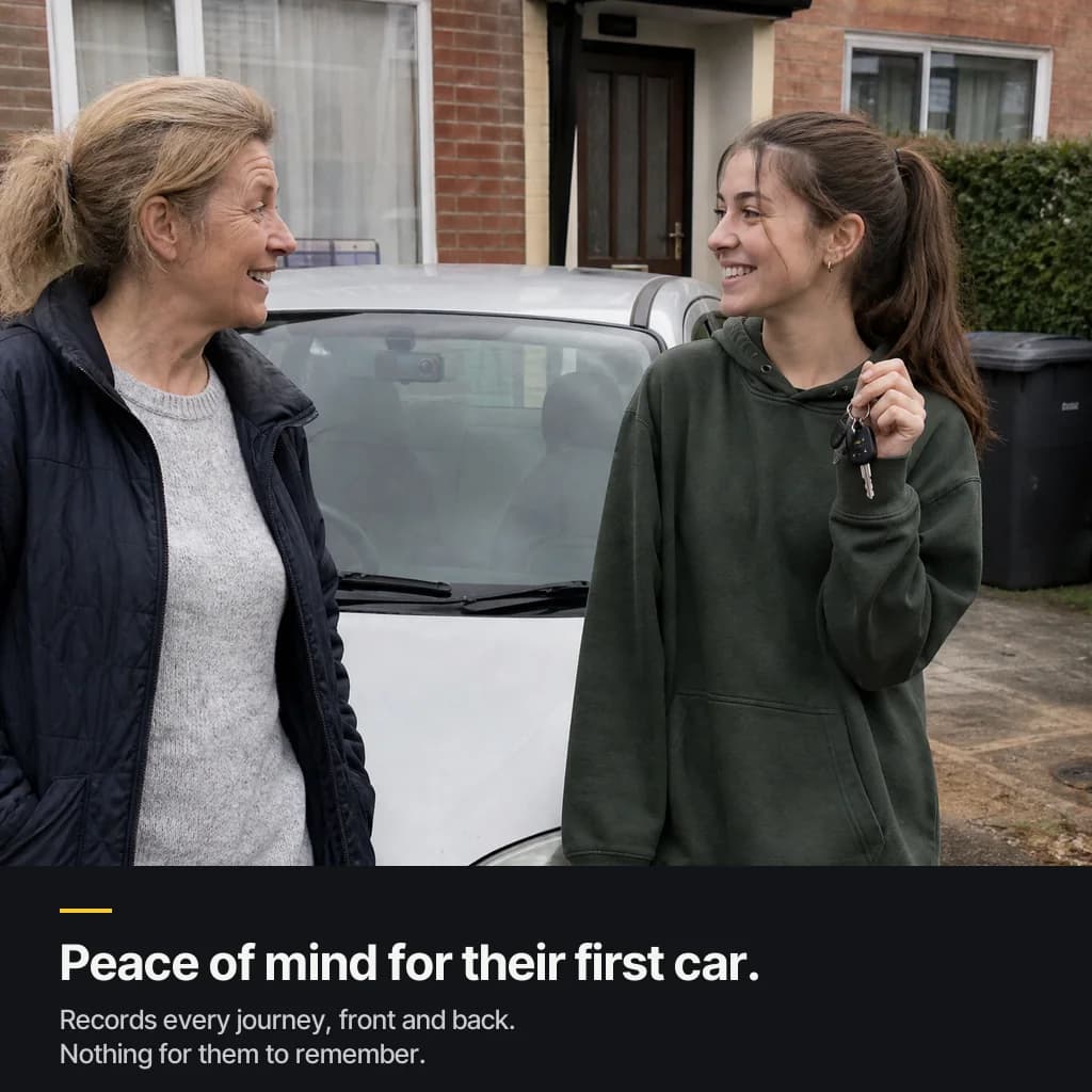 A mum and her daughter by the daughter's first car, the Halden Duo 4K behind the mirror