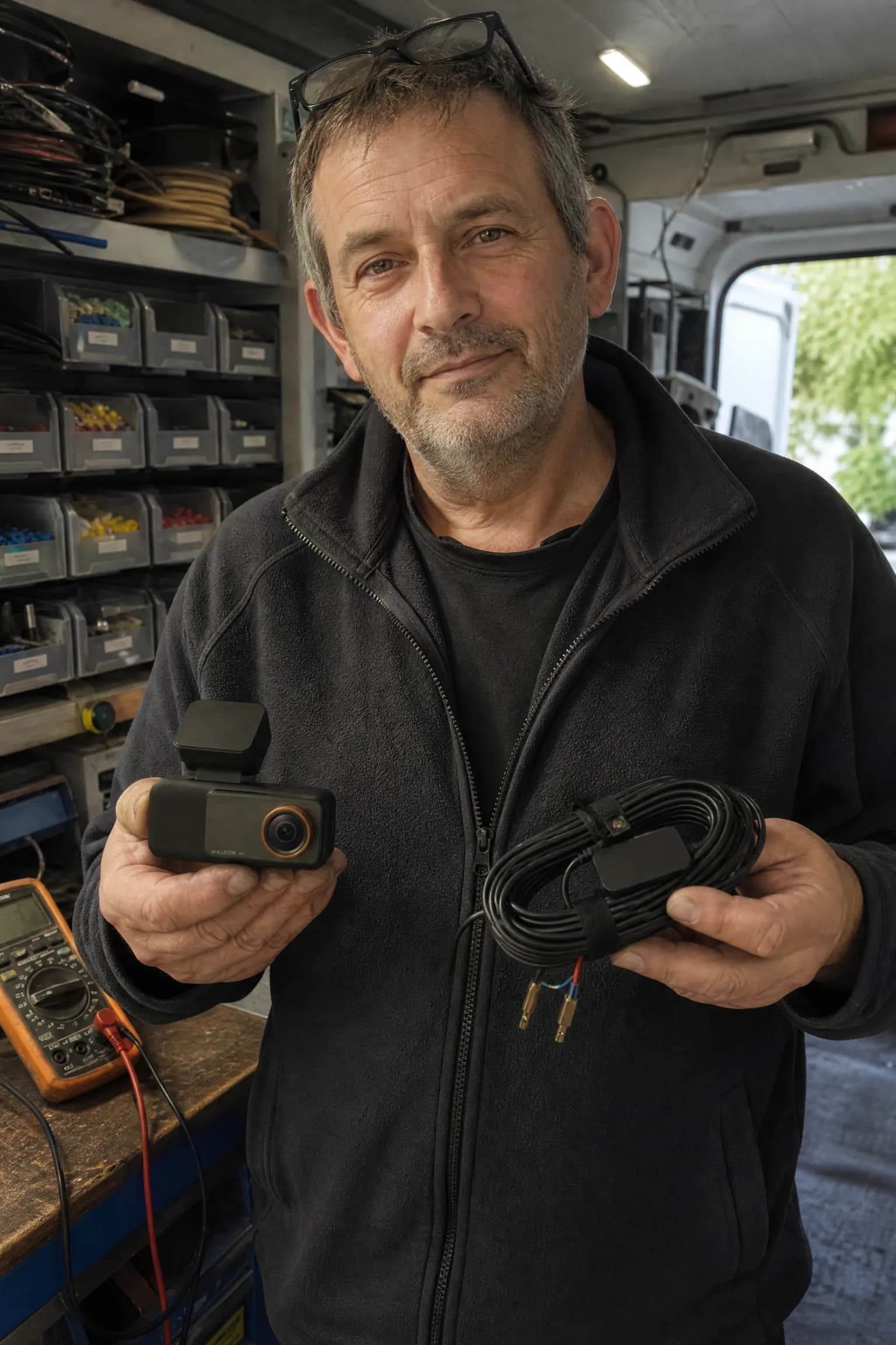 Gareth, an auto electrician, in his van holding the Halden Duo 4K and its hardwire kit