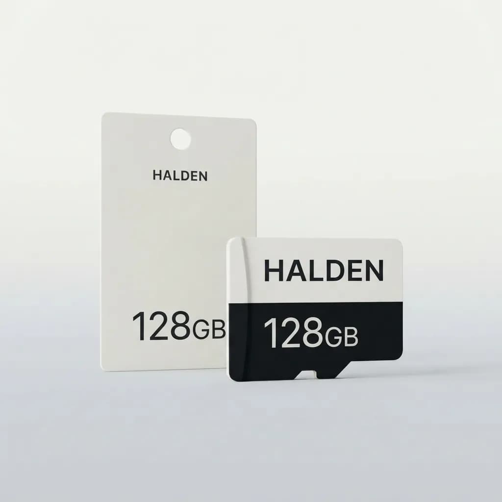 The Halden 128GB high-endurance microSD card in its holder