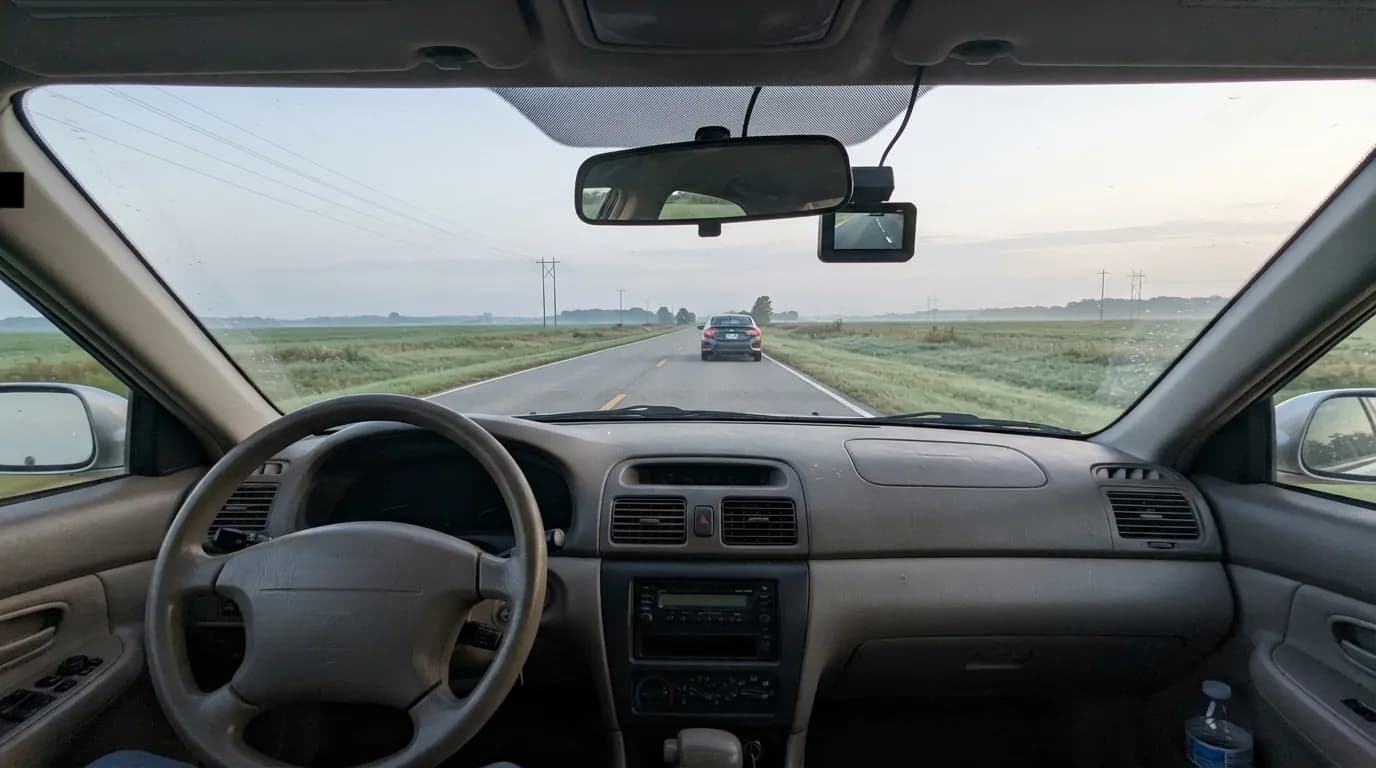 A quiet road at dawn through the windshield, the Halden Duo 4K behind the mirror