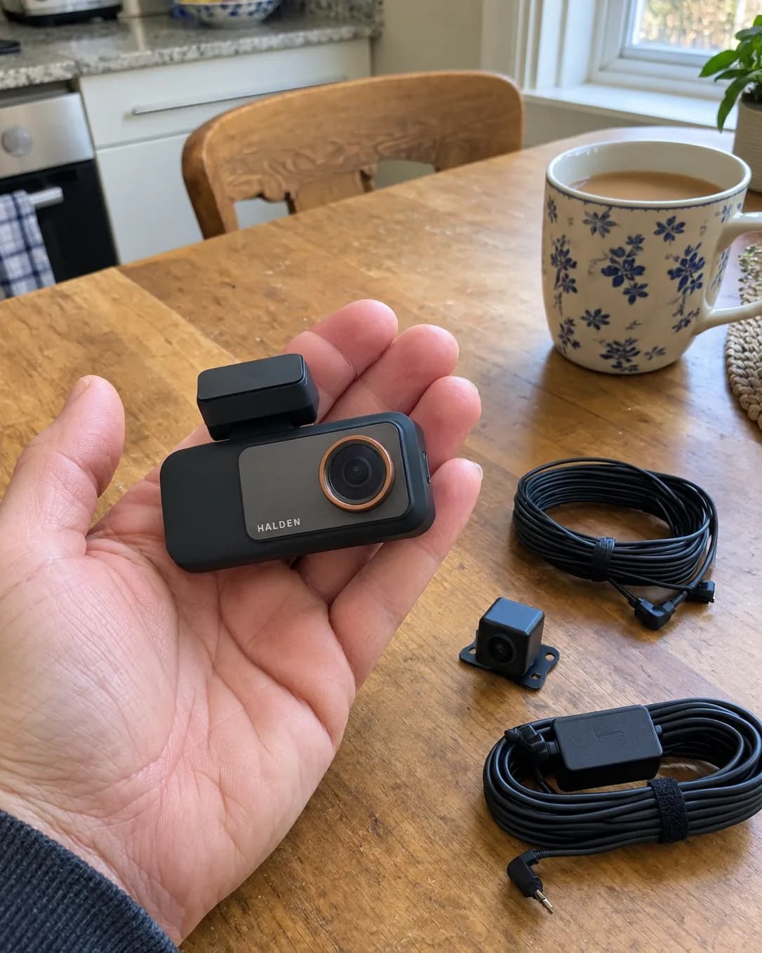 The Halden Duo 4K held in a hand at a kitchen table, the rear camera and cables beside it
