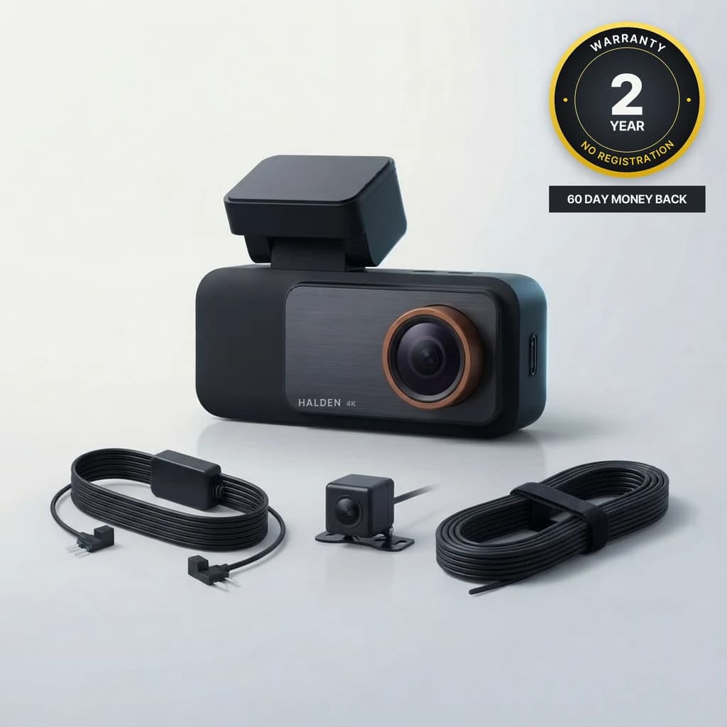 Halden Duo 4K front and rear dash cam with its rear camera, 20-foot cable and hardwire kit