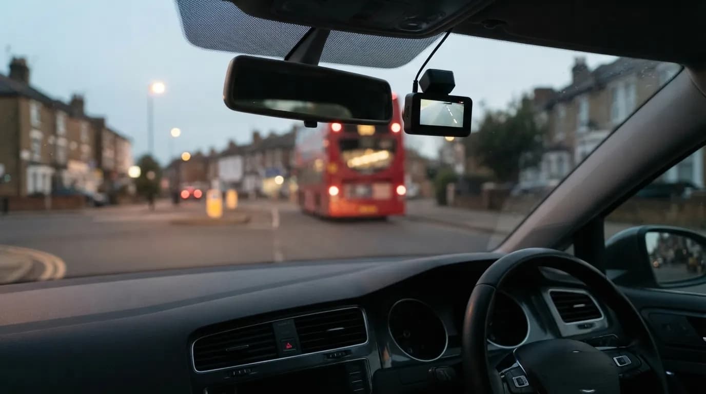 Driving towards a roundabout at dusk, the Halden Duo 4K behind the rear-view mirror