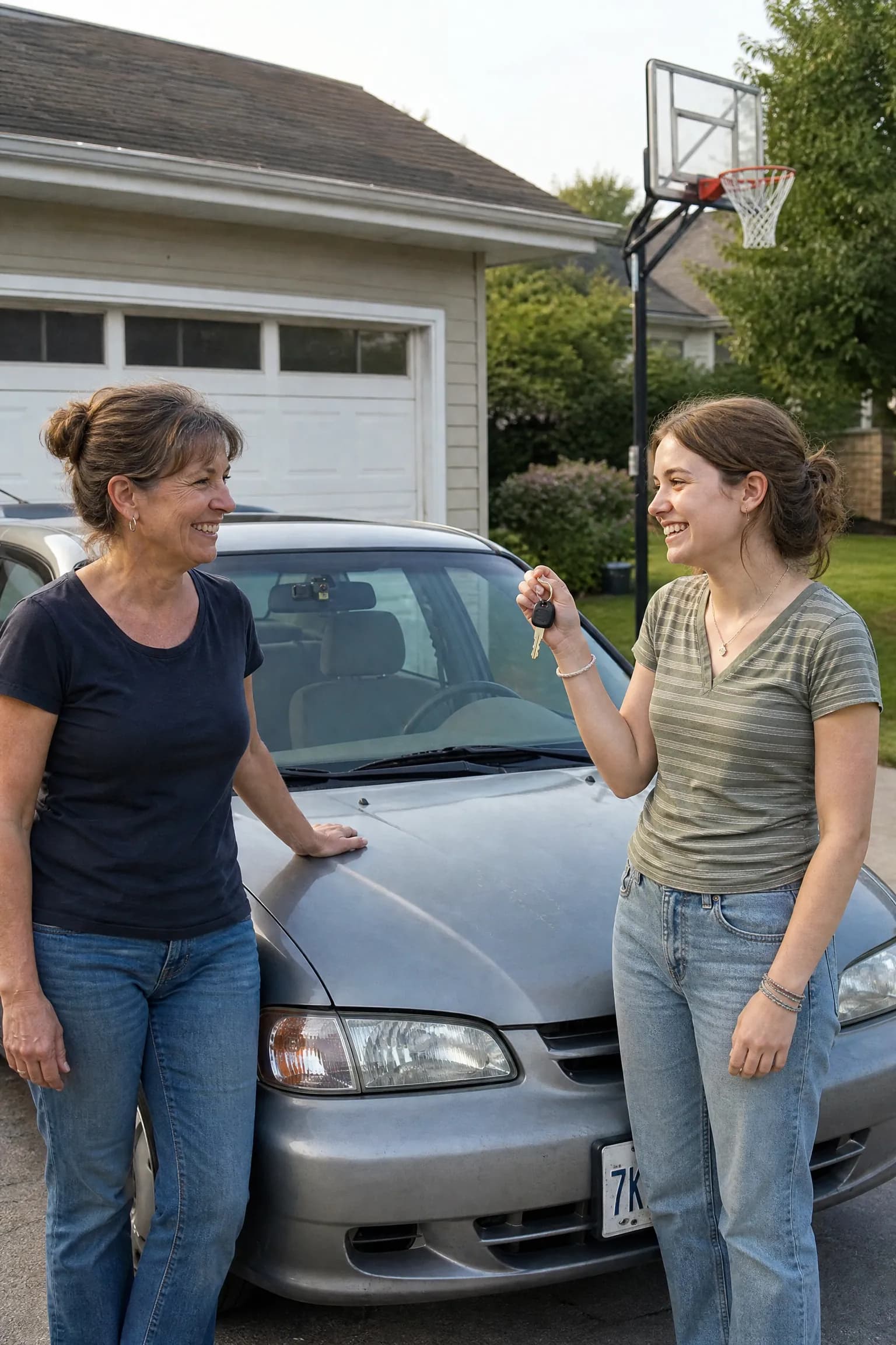 A mom and her teenage daughter in the driveway by the daughter's first car, the Halden Duo 4K behind the mirror