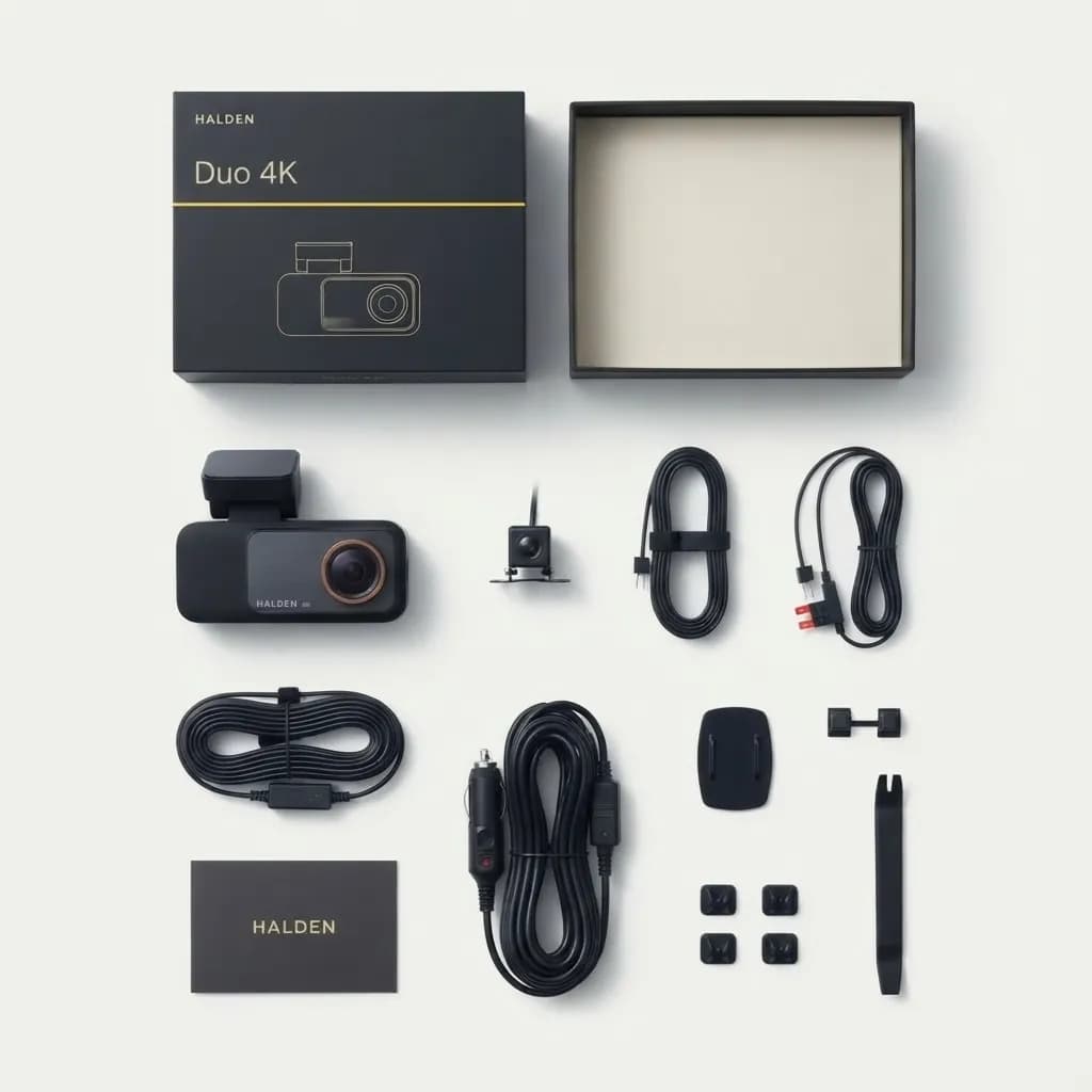 Everything in the Halden box laid out: dash cam, rear camera with cable, hardwire kit, charger cable, mount, clips and trim tool