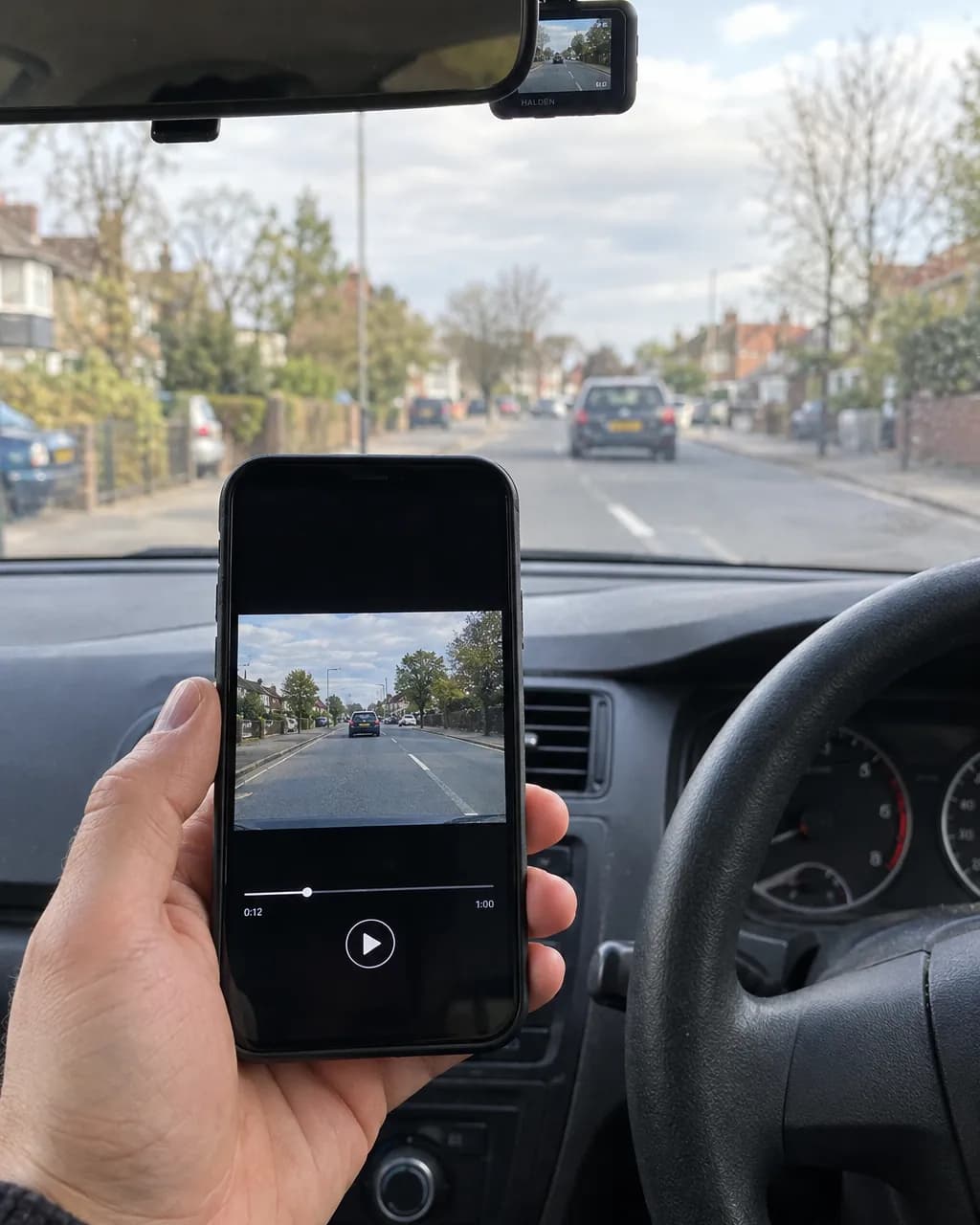 A phone in a hand inside the car playing a dash cam clip, the Halden camera behind the mirror