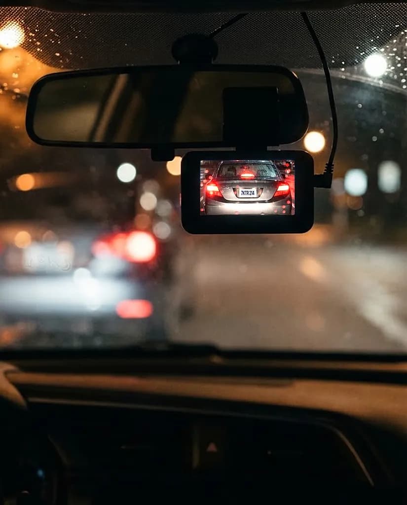 At night in the rain, the Halden behind the rear-view mirror, its screen showing the car ahead with the license plate sharp and readable
