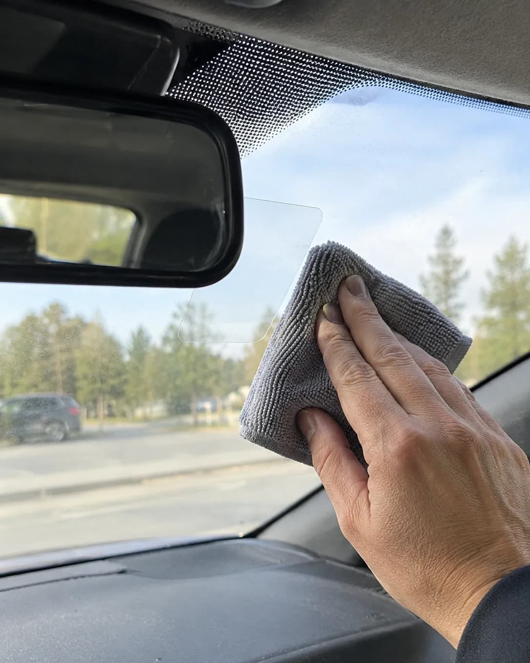 A hand pressing the Halden mount onto the windscreen behind the mirror